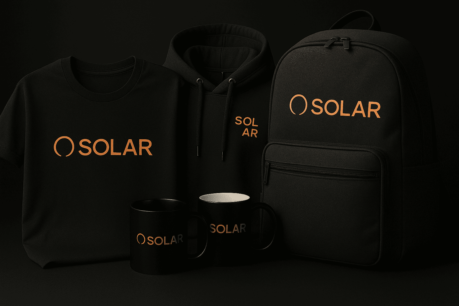 Пример корпоративного мерча для IT-компании: футболки, худи, кружки и рюкзаки с логотипом разработчиков